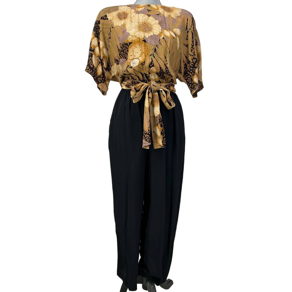 Vintage 80s Phoebe Womens Belted Cropped Jumpsuit Size 4 Black Brown Floral USA
